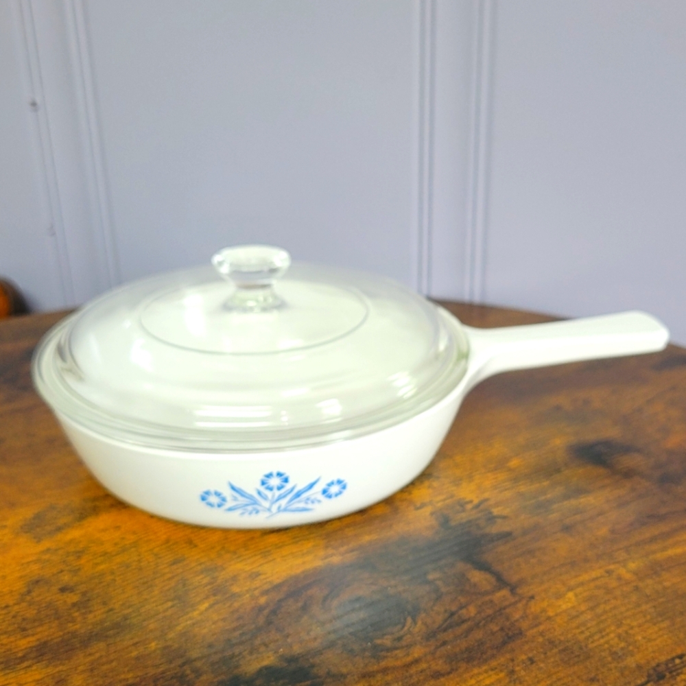 Rare Vintage 6.5 in CorningWare White Saucepan, Blue cornflower Design